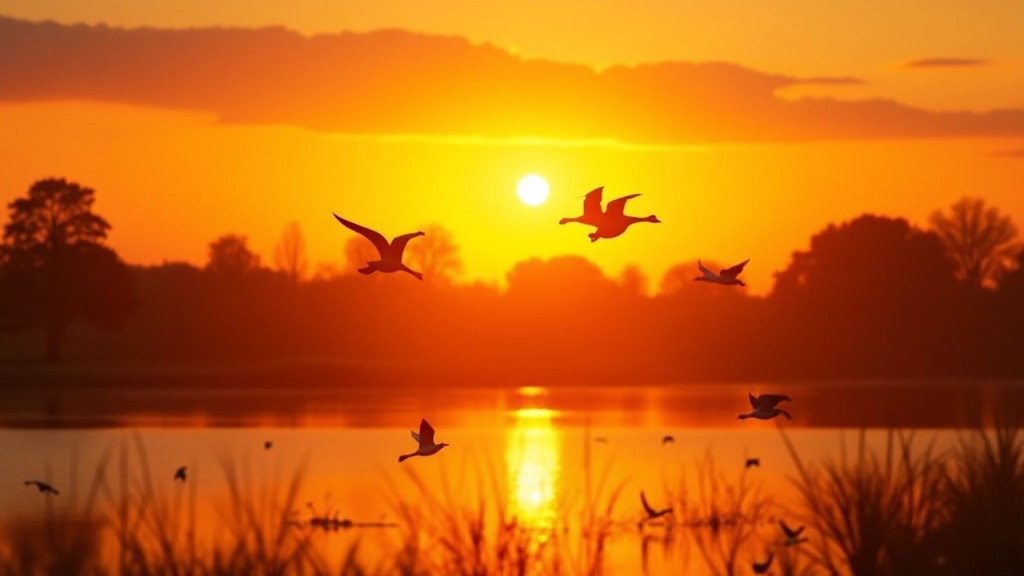 Herfstkleuren in het moerasgebied met trekvogels in V-formatie aan de lucht