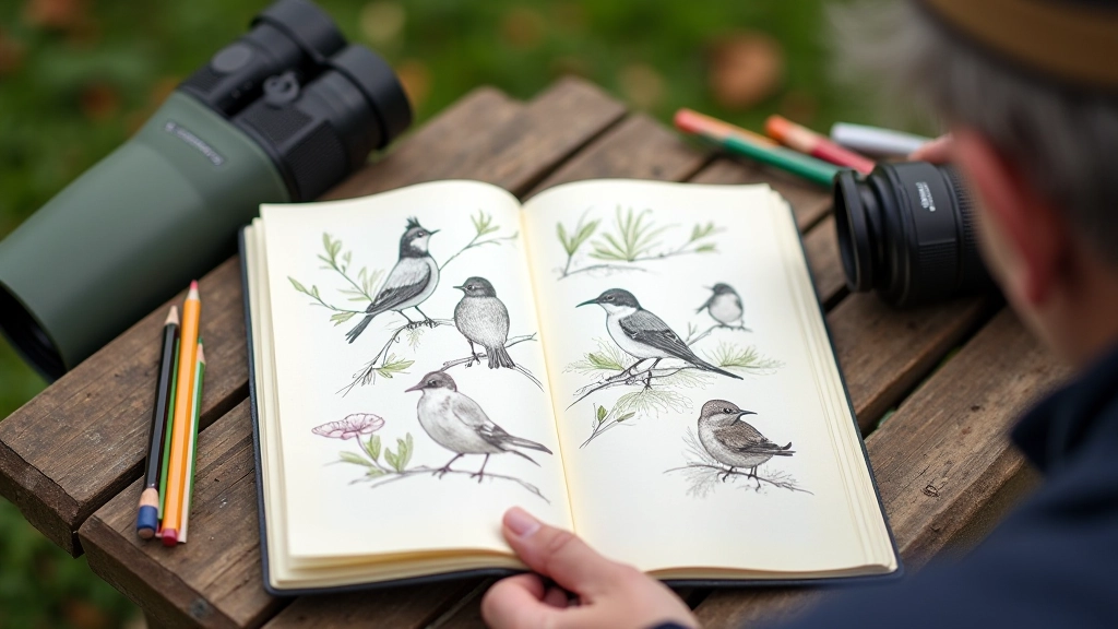 Vogelwaarneming schetsboek met notities en schetsjes van vogelsilhouetten