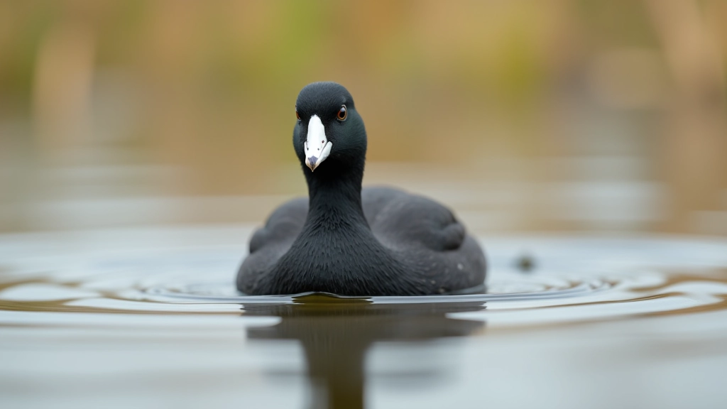 Meerkoet zwemmend in moeraswater met zwarte veren en witte schildje
