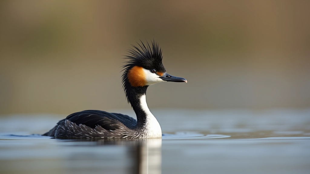 Fuut op het water met reflectie in rustig moeraswater