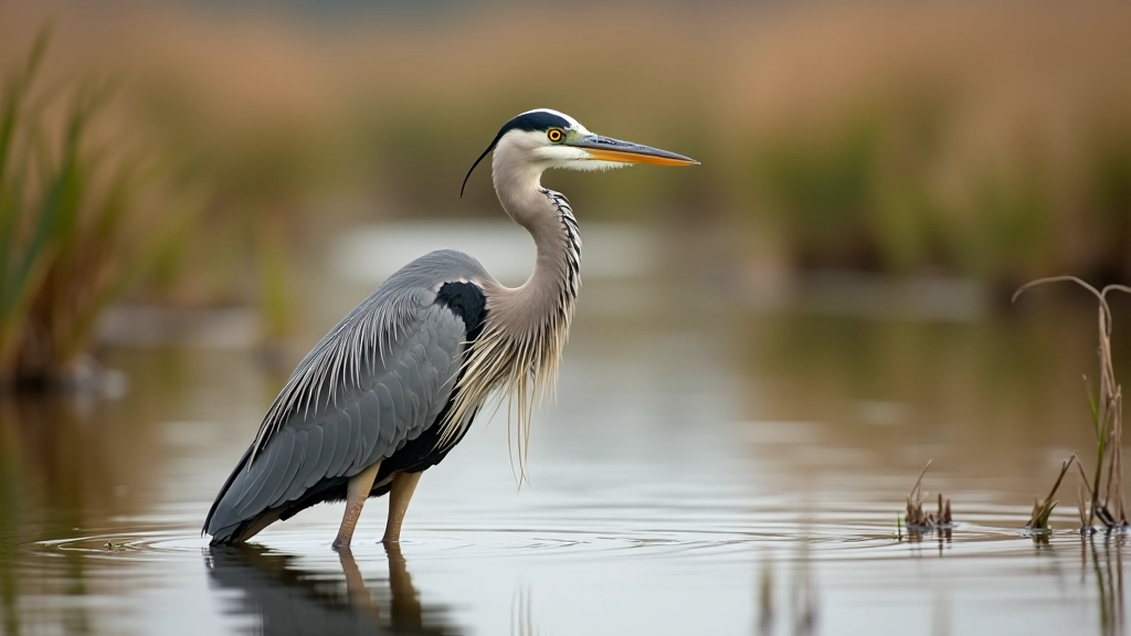 Grijze reiger staande in ondiepe water in het riet
