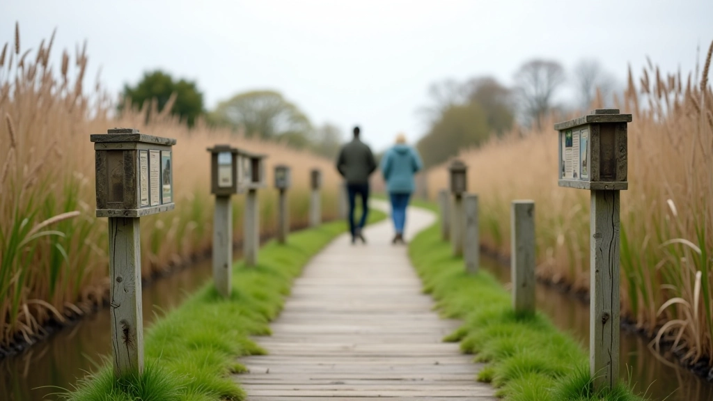 Wandelpad met informatieborden langs rietkragen in het natuurgebied