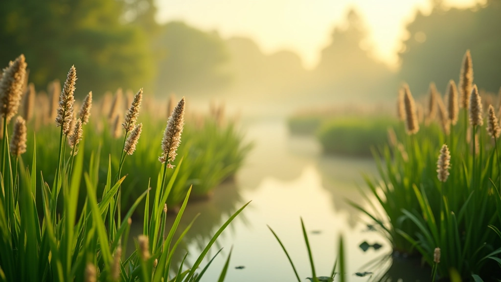 Lentebloeiende rietkragen en moeras water met groene vegetatie in het eerste licht