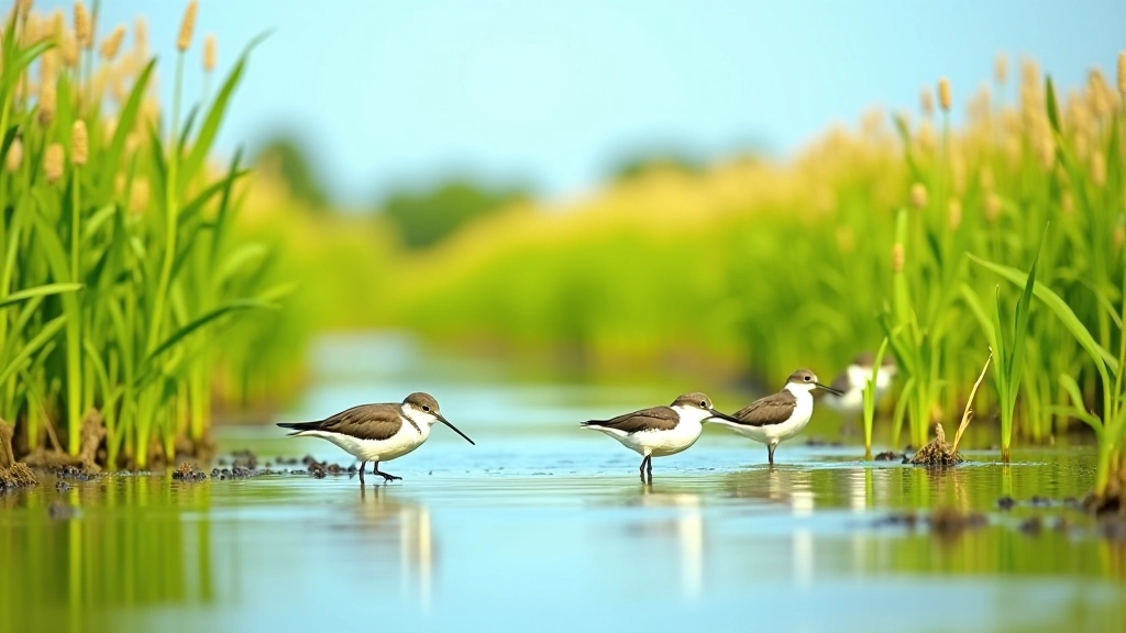 Zomerse moeras met volwassen vogels die voedsel zoeken in ondiepe wateren